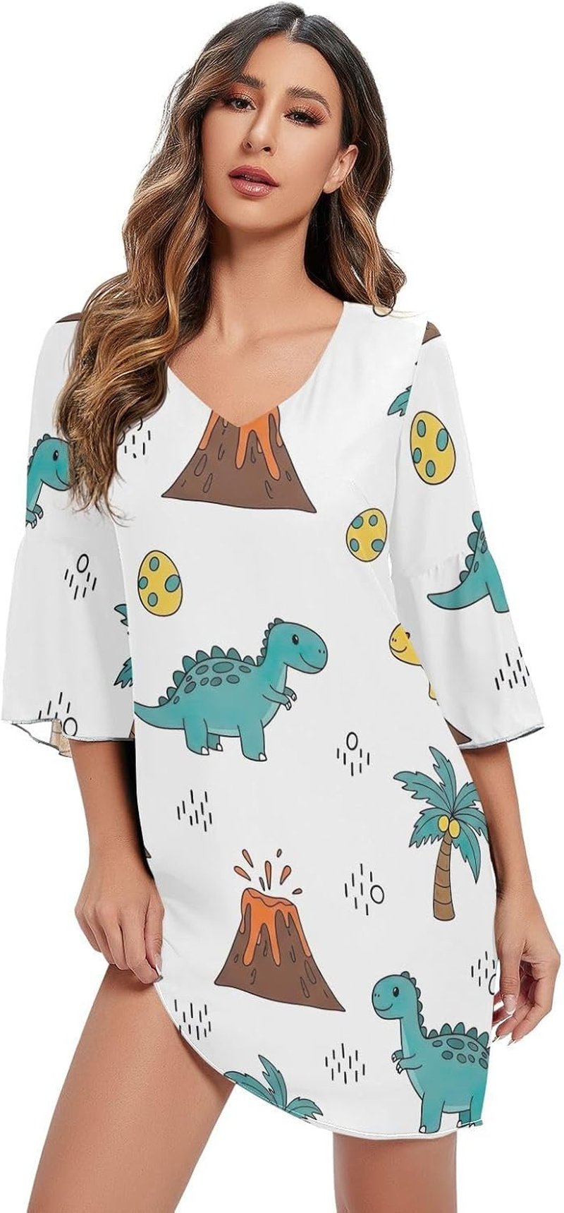 Cute Cartoon Dinosaurs White V Neck Dress Printed Line Maternity Dress image number 3