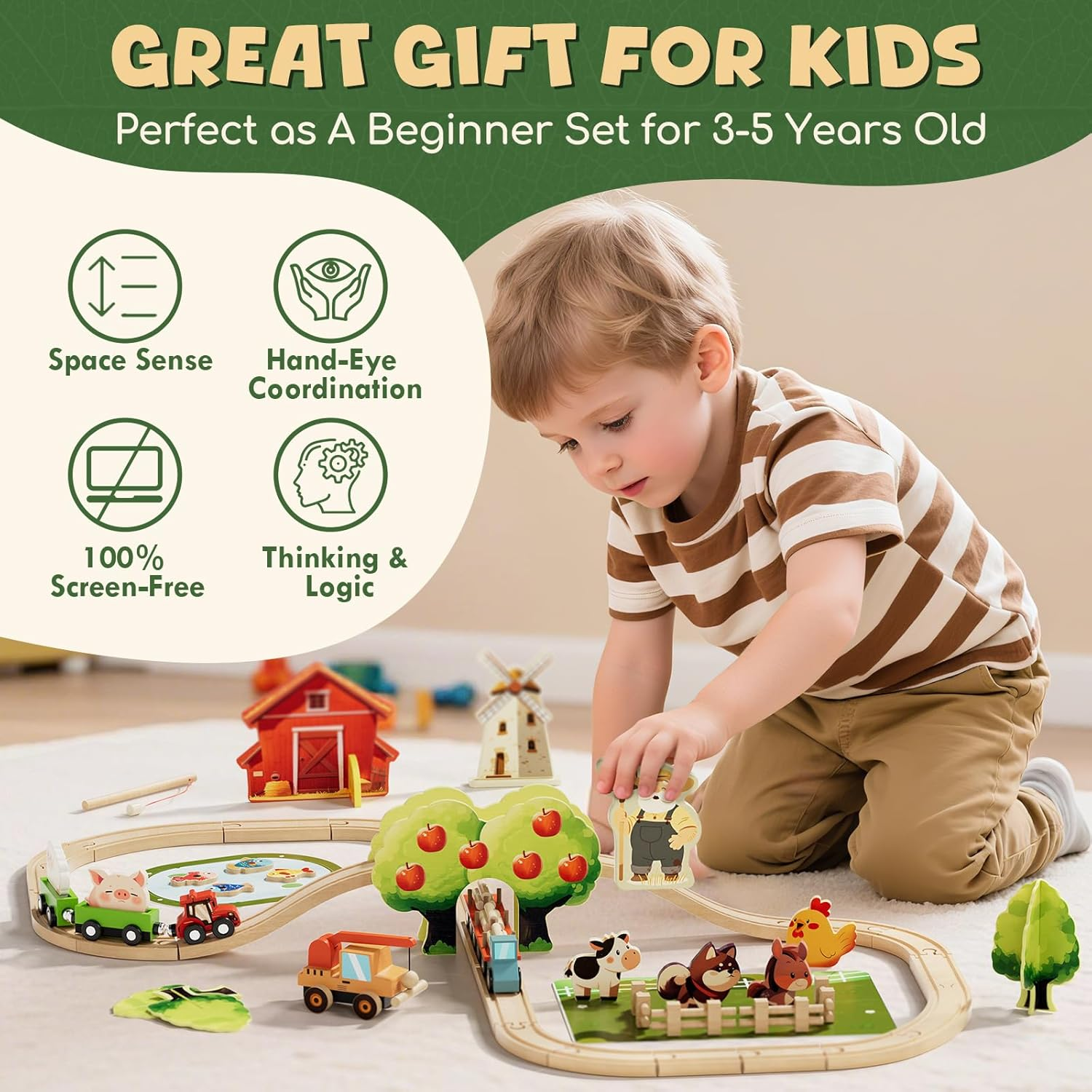 Lehoo Castle Wooden Toys, Wooden Train Set, Toy Trains & Train Sets, Kids Toys for 3 4 5 Year Old Boys with Fishing Game, STEM Toy for Boys Girls