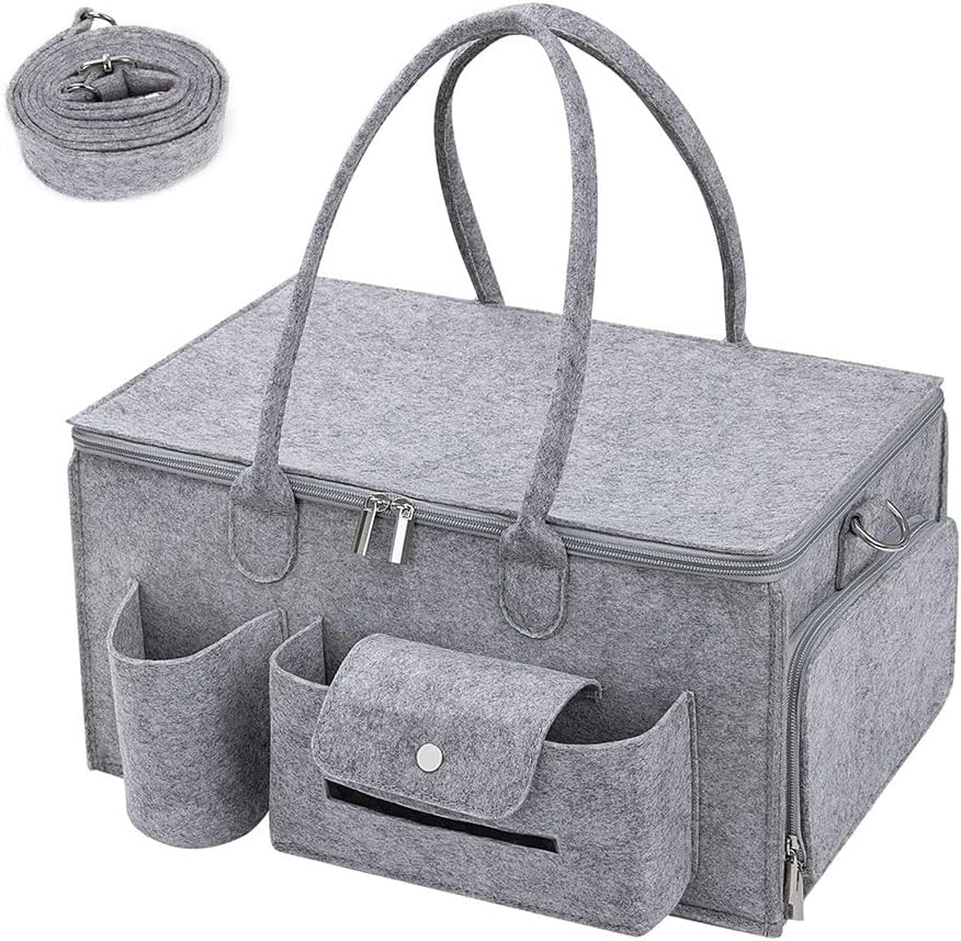 Baby Diaper Caddy Organizer with Lid, Large Portable Nursery Storage Basket for Changing Table, Car & Travel, Collapsible Diaper Organizer with Handles & Dividers &ndash; Light Gray image number 4