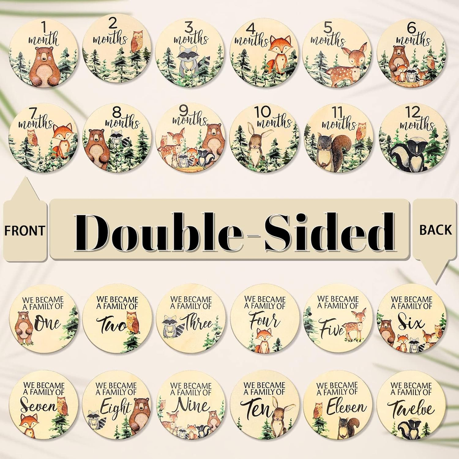12Pcs Woodland Monthly Milestone Cards Milestone Wooden Discs Double-Sided Cute Animal First Year Age Announcement Sign for Newborn Photo Props Gift image number 4