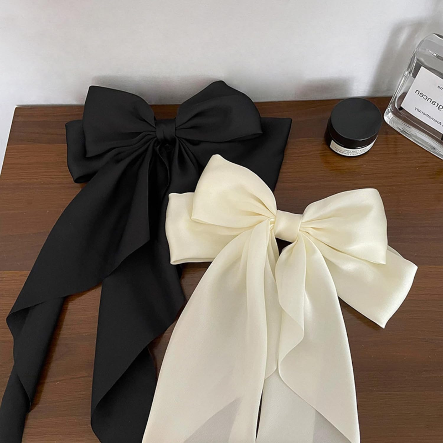 Hair Clips with Large Bow, 2 Pieces Hair Bows for Women, Silky Satin Hair Clip, French Hair Clip with Long, for Women Girls (Black + White) image number 2