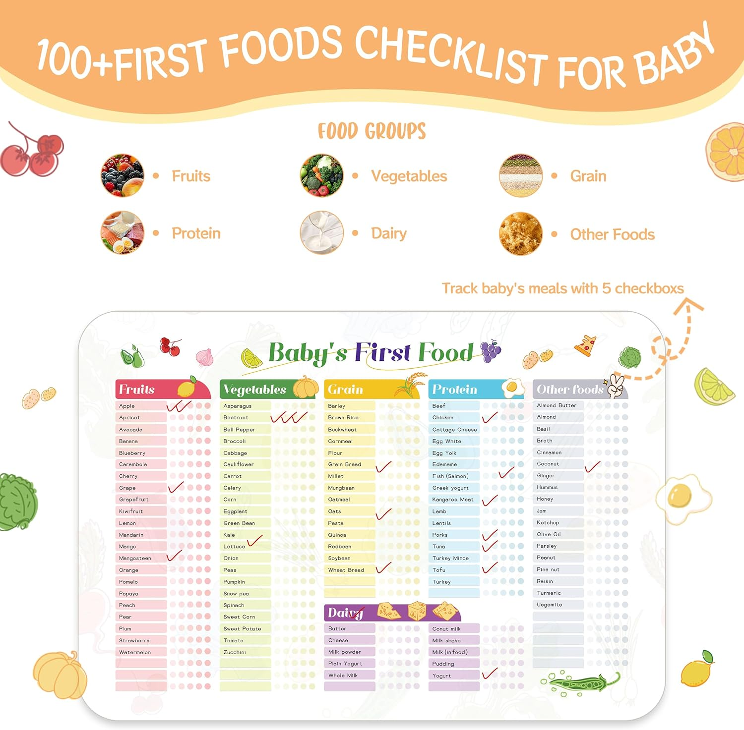 Baby Food Tracker Magnetic Chart &ndash; 100+ Aussie First Foods Checklist | Reusable Fridge Whiteboard for Weaning, Allergies & Meals (6M+) | 2 Markers & Eraser Included image number 3