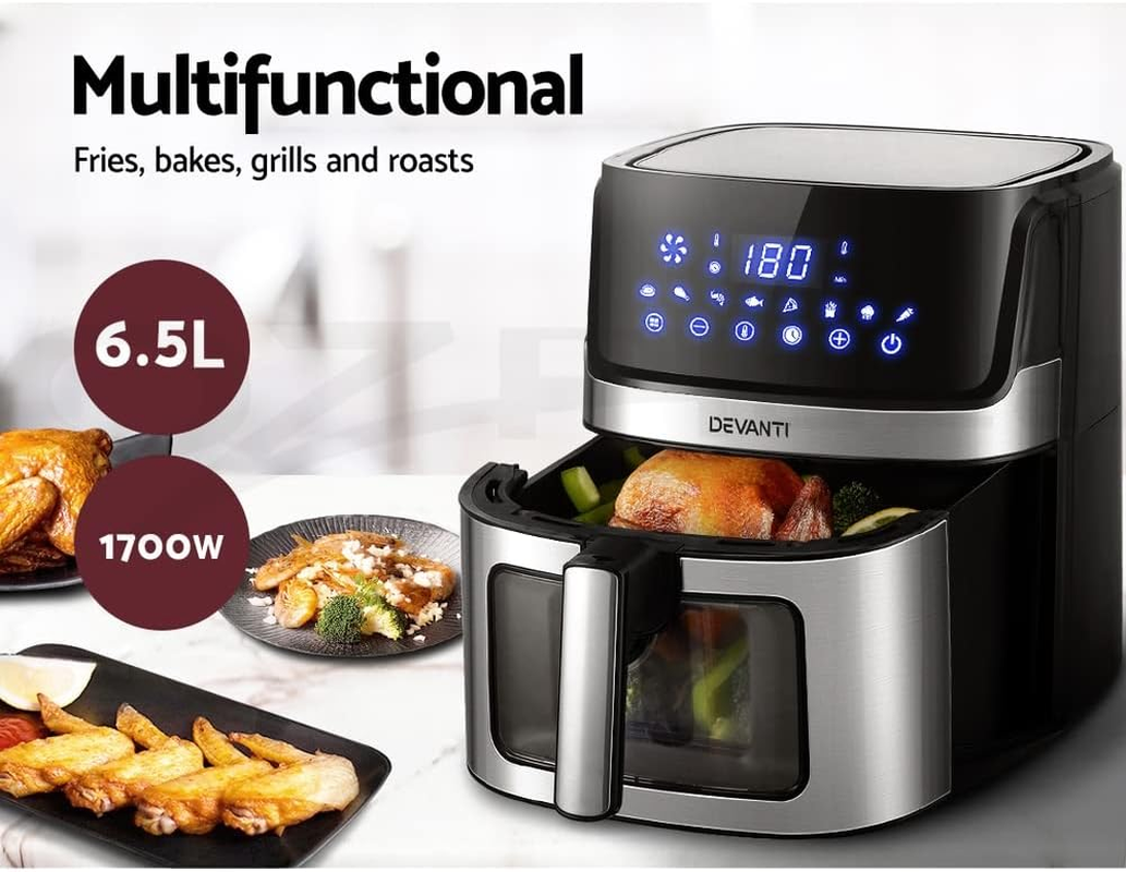 Devanti Air Fryer, 6.5L 1700W Stainless Steel Airfryer Electric Cooker Deep Fryers Rack Silicone Baking Basket Kitchen Oven Household Small Kitchens Appliances, LCD Touch Control Panel