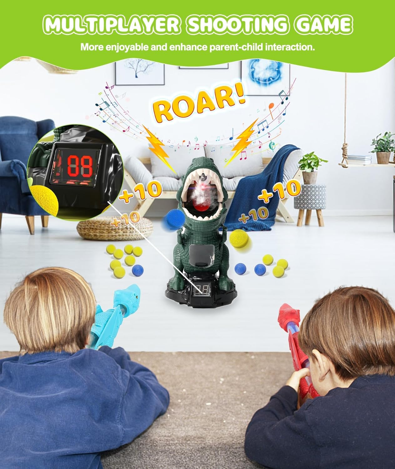 Movable Dinosaur Shooting Toy for Kids 3 4 5 6 7+ Years, 2 Air Pump Guns & 48 Foam Balls, LED Score + Spray Sound, T-Rex Target Game image number 5