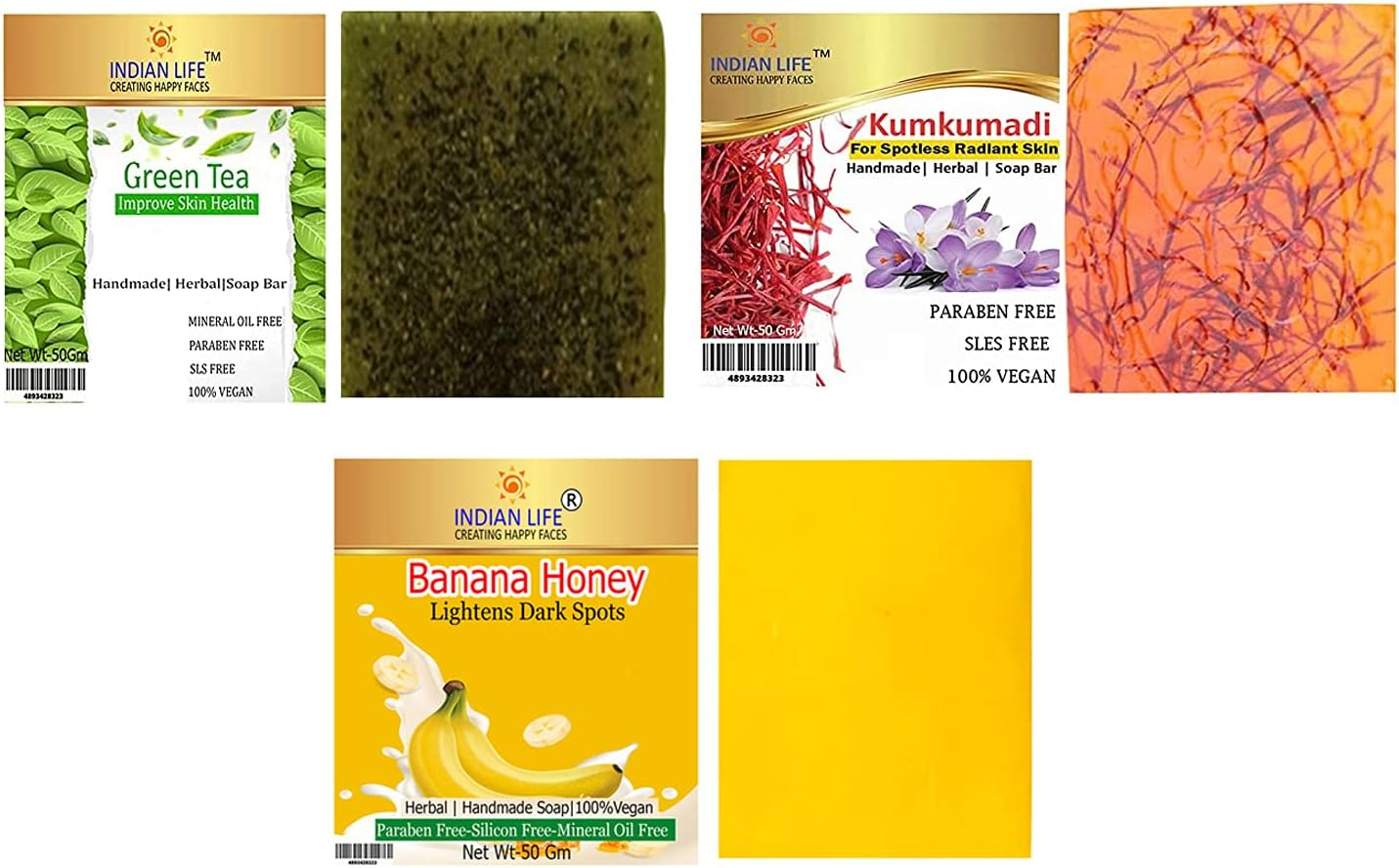 Indianlife&reg; Glowing Handmade Soap-Green Tea-Kumkumadi-Banana for Men-Women Excellent Beauty Ingredients- Shea Butter-Jojoba Oil-Almond Oil 150 Gm(50X3)