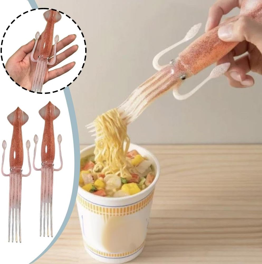 Squid Shape Noodle Fork, Cute Squid-Shaped Cooking Tools, Food Grade Plastic Portable Tableware for Picnics & Parties, Heat-Resistant Plastic Utensil for Ramen/Pasta/Salad (2 Pcs) image number 5