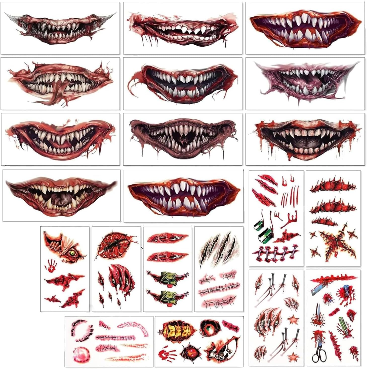Halloween Temporary Tattoos Zombie Prank Make up Accessories, 20 Sheets Horror Big Mouth Face Tattoos Scars Wound Bloody Stickers Realistic Fake Tattoo for Adults Halloween Cosplay Face Body Art image number 2