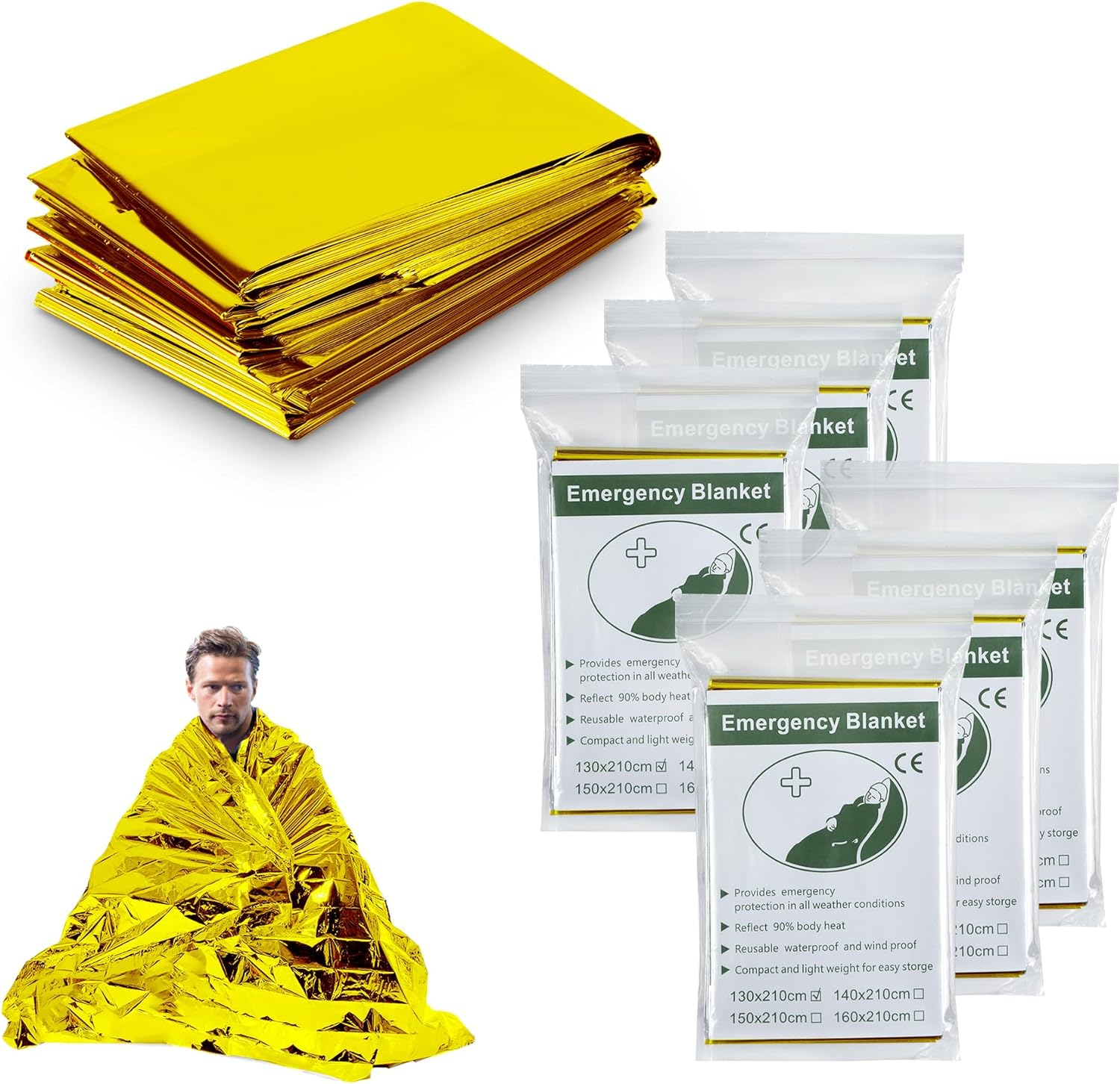 8 Pack Emergency Thermal Blankets, Survival Blankets Reflective First Aid, Blanket for Camping Hiking Outdoor Warm Insulated Heat Insulation and Waterproof