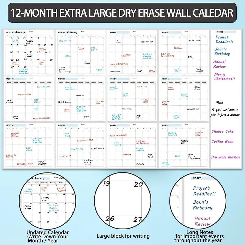 Large 148X87Cm Dry Erase Wall Calendar - Yearly Reusable Planner with Marker, Perfect for Office & Home Organization - Family & Classroom Whiteboard Calendar image number 5