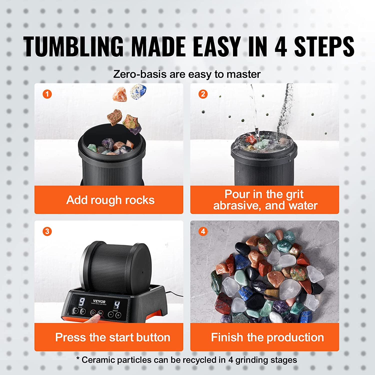 VEVOR Direct Drive Rock Tumbler Kit, 4-Speed/9-Day Timer, Professional Rock Polisher with Rough Gemstones/Grits/Jewelry Fastenings, Stone Polishing Kit for Family Fun Time, STEM Adults Kids image number 6