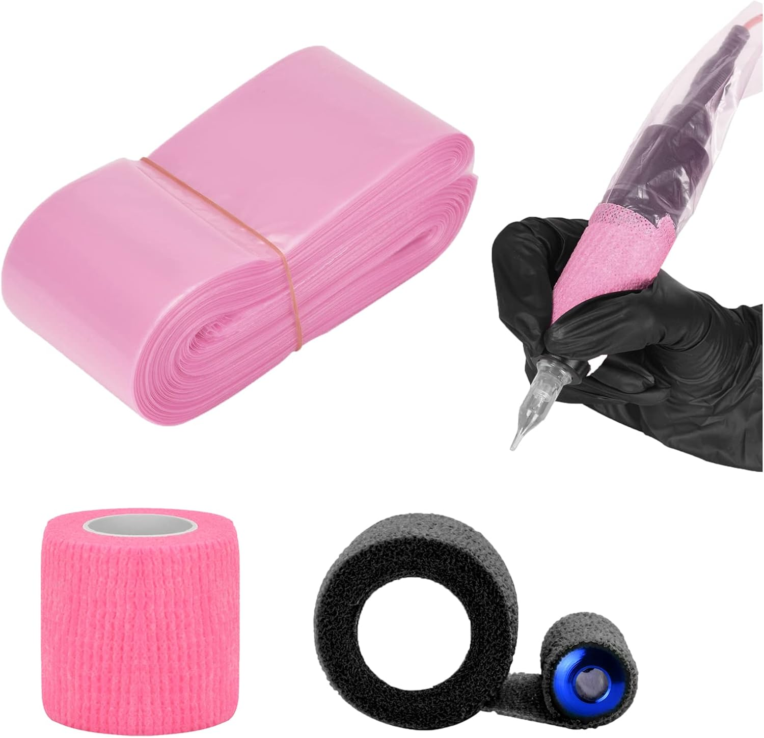 ATOMUS 100Pcs Tattoo Clip Cord Sleeves with 2Pcs Self-Adhesive Bandage Disposable Plastic Cover Bags Tattoo Pen Bag Tattoo Machine Accessories (Black)