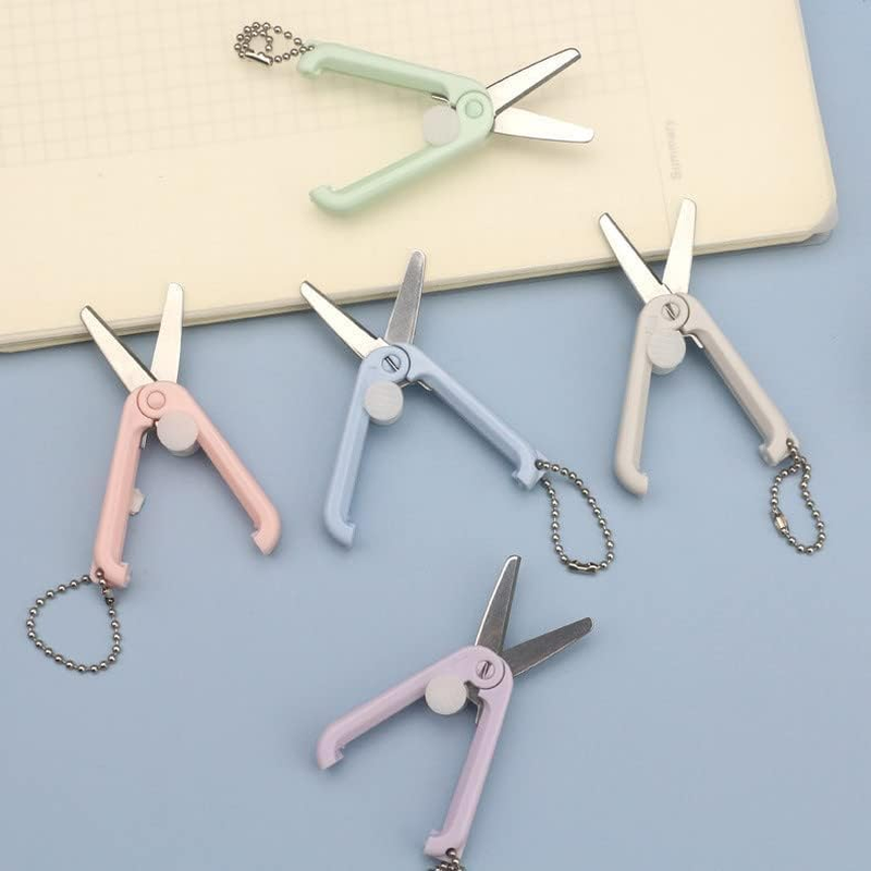 5 Pack Morandi Mini Folding Scissors with Key Chain, Retractable, round Edge, Stainless Steel, Pastel Color, Ambidextrous, Ideal for DIY, Crafting, Travel