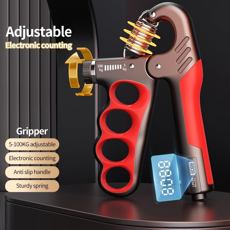 Adjustable Hand Grip Strengthener 11-220Lbs/100Kg with Auto Counter - Forearm & Finger Exerciser for Strength Training, Recovery, Gym & Home Use