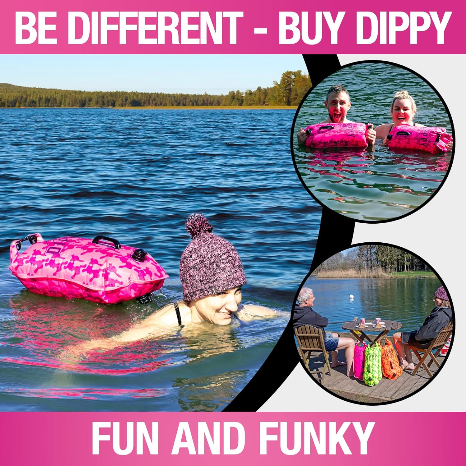 DIPPY Tow Floats for Open Water Swimming | 28L Swim Buoy Open Water Swimming Float | Waterproof Swimming Buoy | Tow Float Dry Bag | Wild Swimming Float | Wild Swimming Accessories (Pink Cammo) image number 2