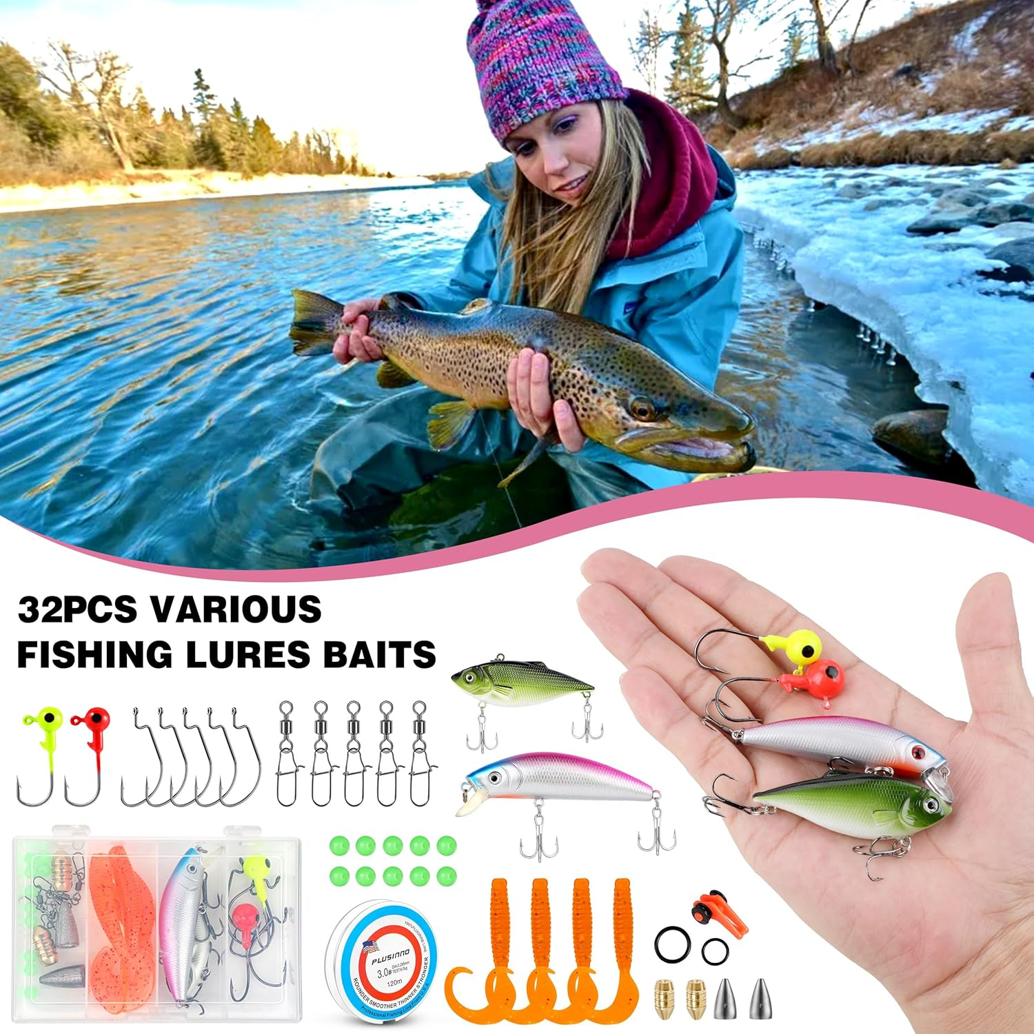 PLUSINNO Ladies Telescopic Fishing Rod and Reel Combos,Spinning Fishing Pole Pink Designed for Ladies Fishing Girls Fishing Pole image number 4