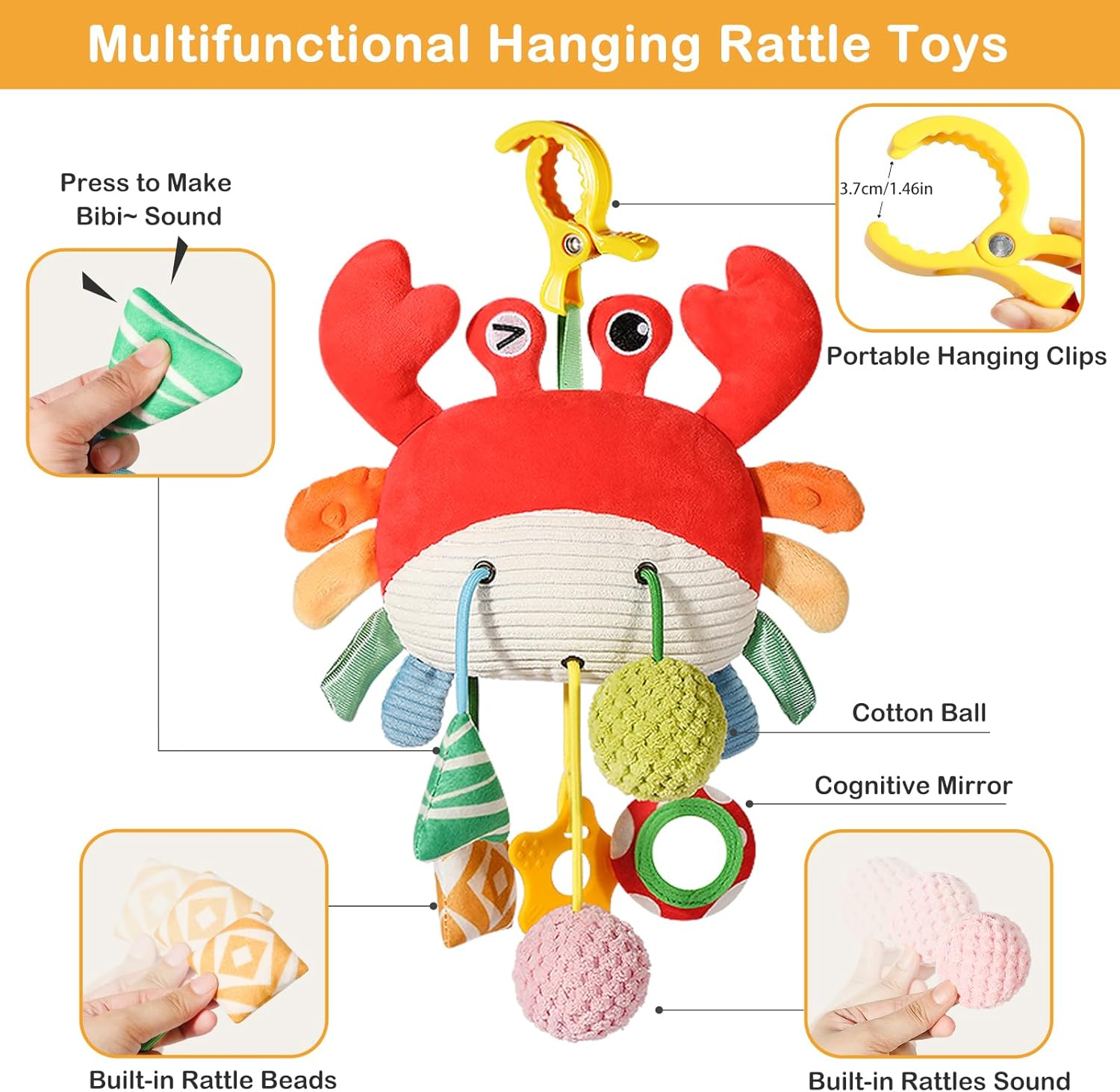 Baby & Toddler Toys, Soft Plush Crab Baby Sensory Toys with Rattle and Multiple Textures, Interactive Hanging Toy for Stroller or Car, Newborn Infant Gift image number 5
