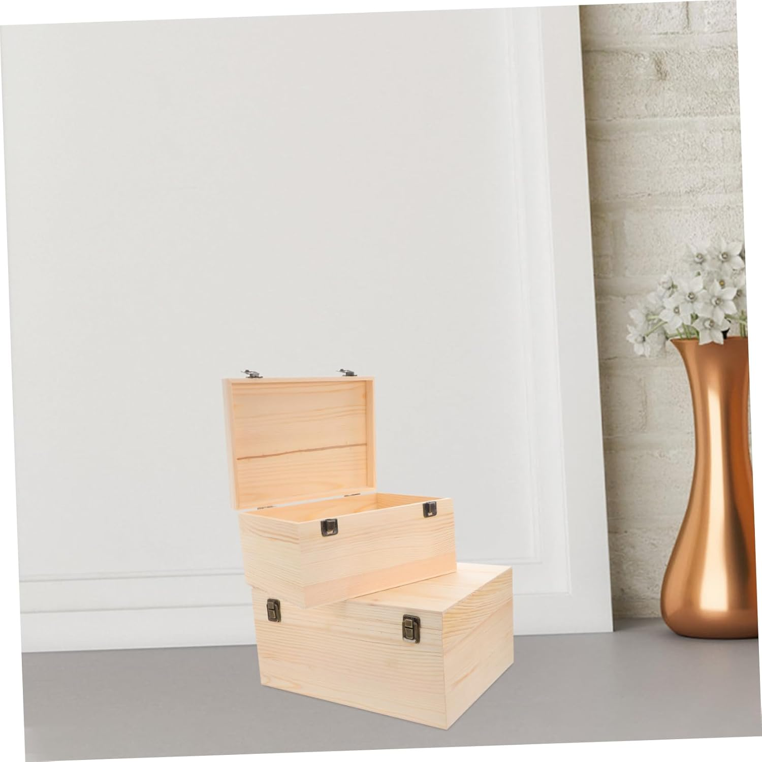 2Pcs Unfinished Wooden Box: Wooden Treasure Chest with Hinged Lid Blank Pine Keepsake Storage for DIY Projects Jewelry Keepsakes Decorations image number 3