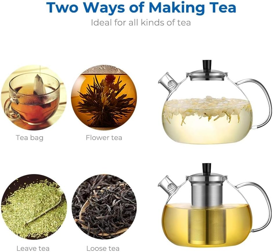 Ecooe 2000Ml(67Oz) Glass Teapot with Removable Stainless Steel Infuser for Stovetop Safe, Glass Blooming Tea Pot for Loose Tea, Glass Tea Kettle with Strainer, Large Clear Teapot for Tea Party