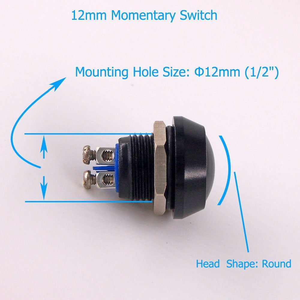 URTONE Momentary Push Button Switch, UR123, 1NO SPST DC/AC 36V 2A Aluminum Alloy Metal Shell Suitable for 12Mm 1/2" Mounting Hole - Black image number 4