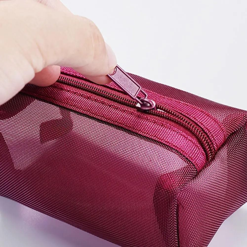 3Pcs Portable Square Mesh Storage Bag, Zippered Cosmetic Bag, Small Coin Purse Travel Carry Pouch (Red+Brown+Dark Blue) - Blue image number 7