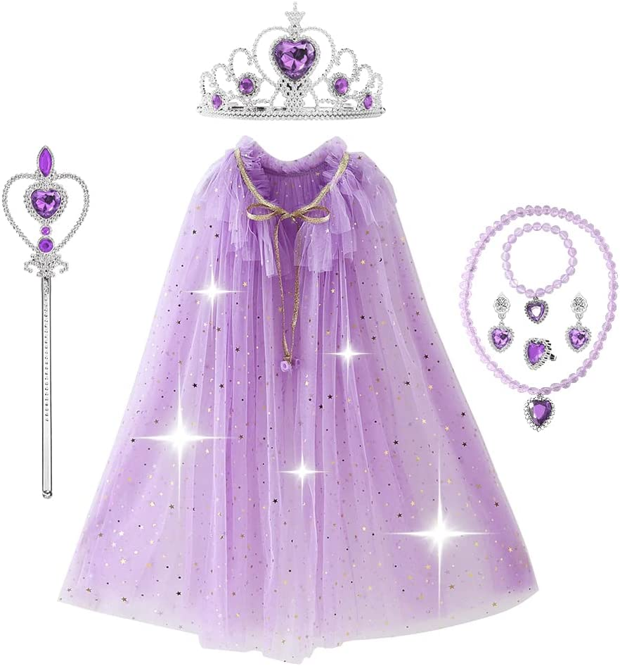 AUTOWT Girl Princess Costume - Shiny Cloak with Necklace, Jewelry, Headwear, Crown, Wand, Earrings, Bracelets, Rings - for Halloween, Christmas, Birthday