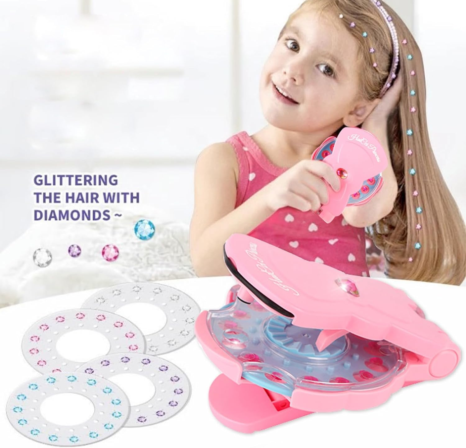 Hair Kit with Rhinestones, Hair Bling Gems for Girls, Bling Bling Hair Gem Stamper with 180 Gems,Diamonds Stapler Tool for Hair（Pink） image number 4