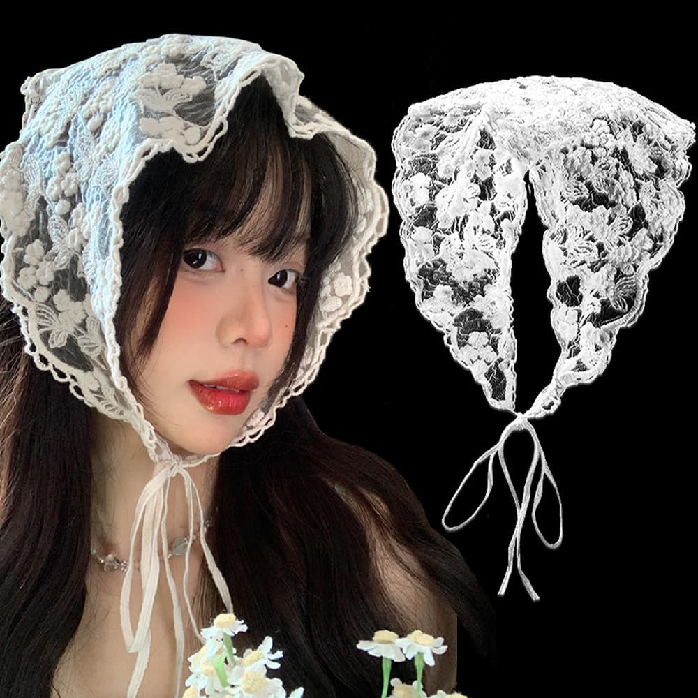 Lace Floral Hair Bandana White Hair Headband Head Scarf for Women Girls Vintage Triangle Head Kerchief Tie-Back Headwraps Flower Hair Scarf Headscarf Bandana Boho Headbands Bandanas for Hair Styling image number 4