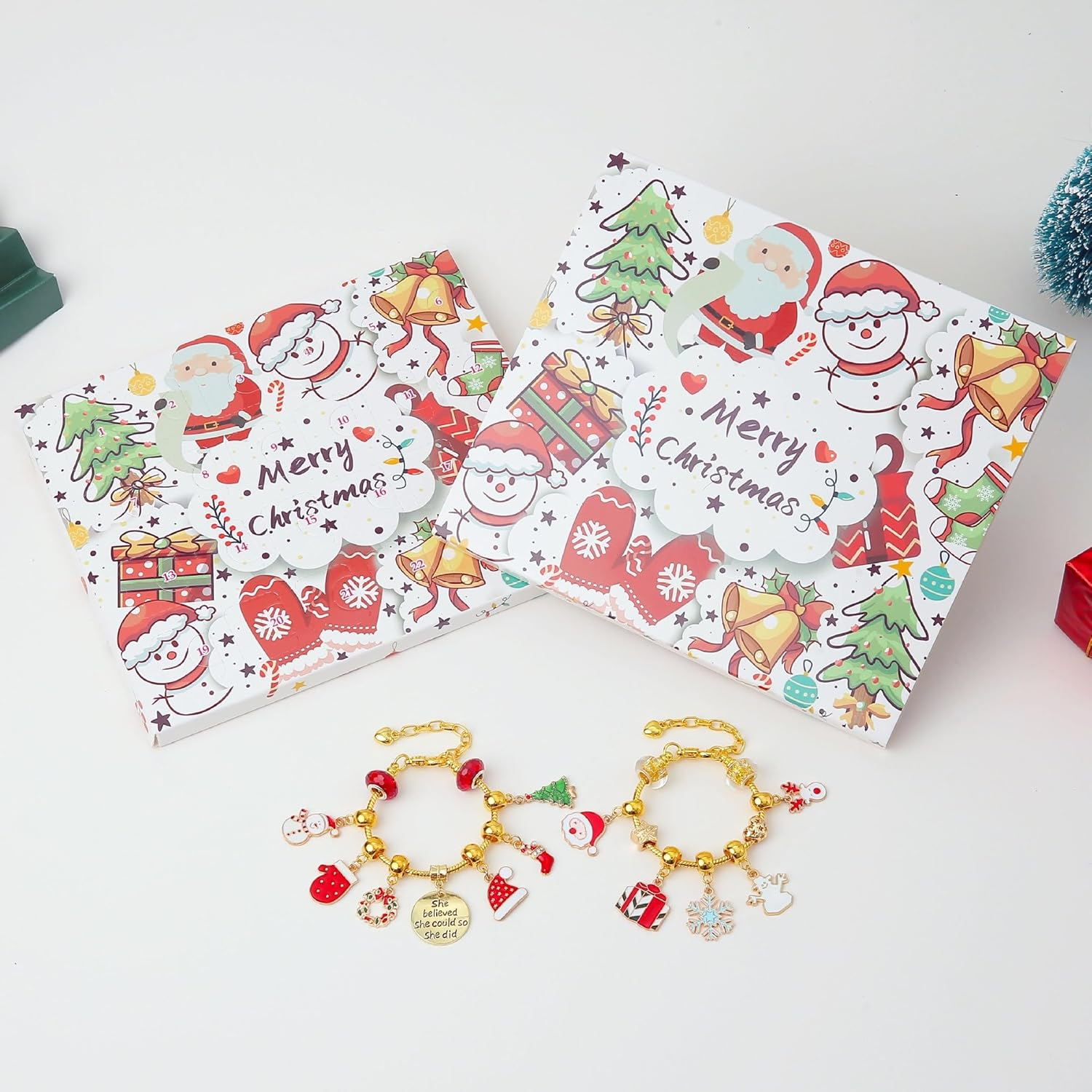 Christmas Advent Calendar Bracelets Set Christmas Countdown Calendar DIY Bracelets Necklace Jewelry Pendant Making Kit, Christmas Jewelry for Girls Kids Women Gift