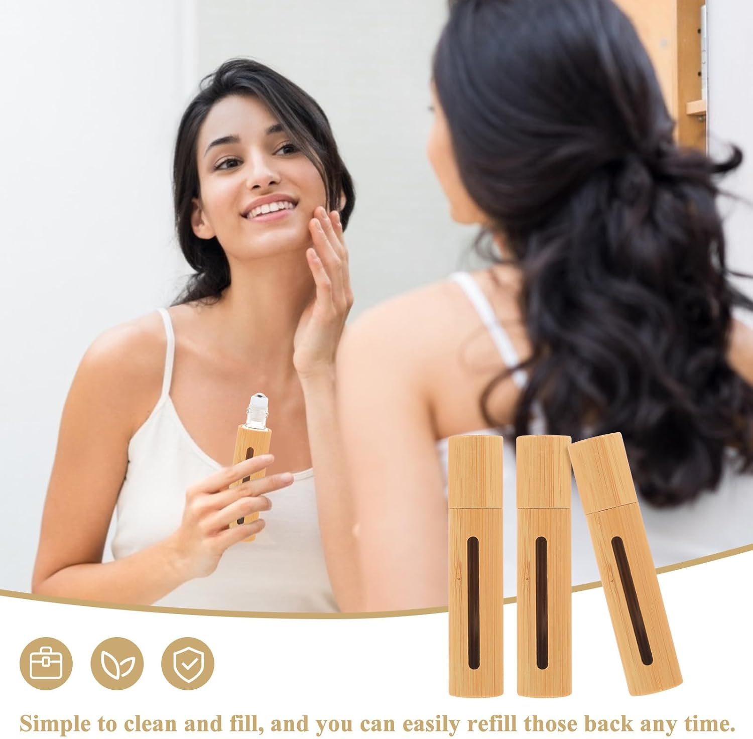 LALADEFIEE 3Pcs 10Ml Bamboo Roll on Bottles for Essential Oils and Perfume Small Empty Travel Roller Bottles with Window Design Refillable Sub for Aromatherapy image number 1