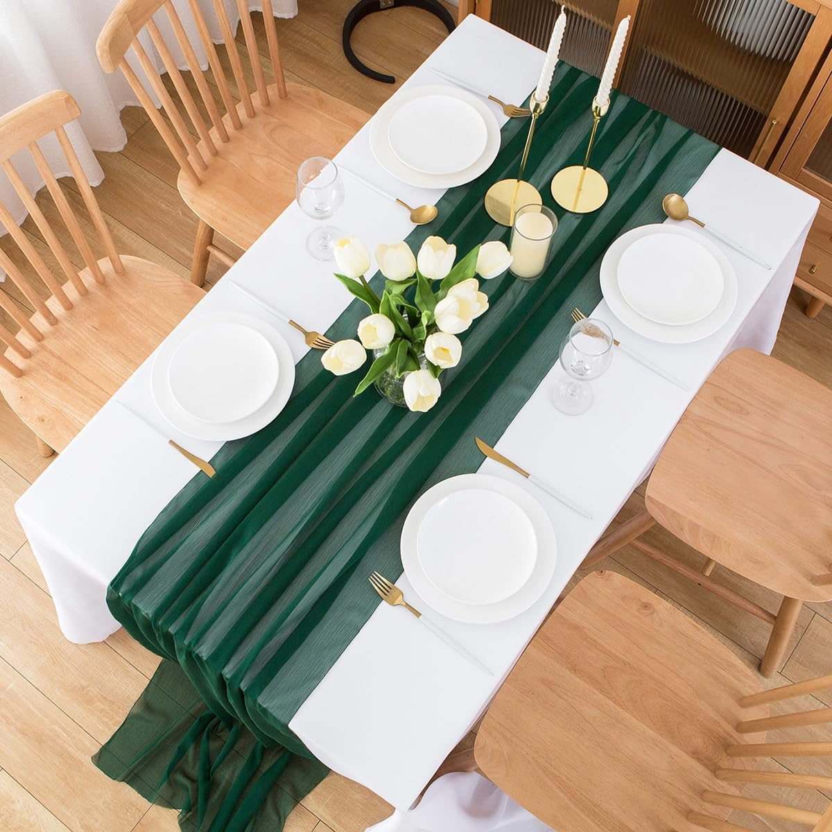 CHUQING Table Runner Dark Green Chiffon Long Table Runners 27X120 Inches Sheer Wedding Runner
