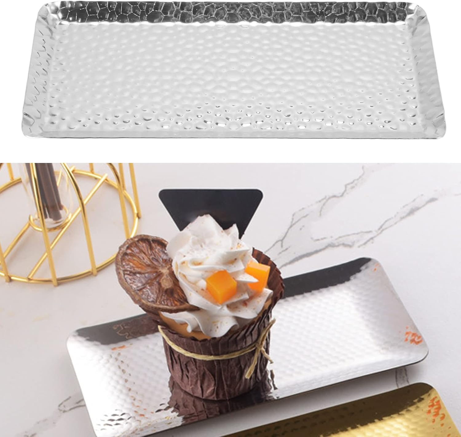 POENVFPO Hammered Stainless Steel Multi Purpose Tray for Home and Restaurant, Towel Tray Plate for Dessert - Dishwasher Safe Serving Platter for Snacks, Fruits - 25X11Cm (Silver)