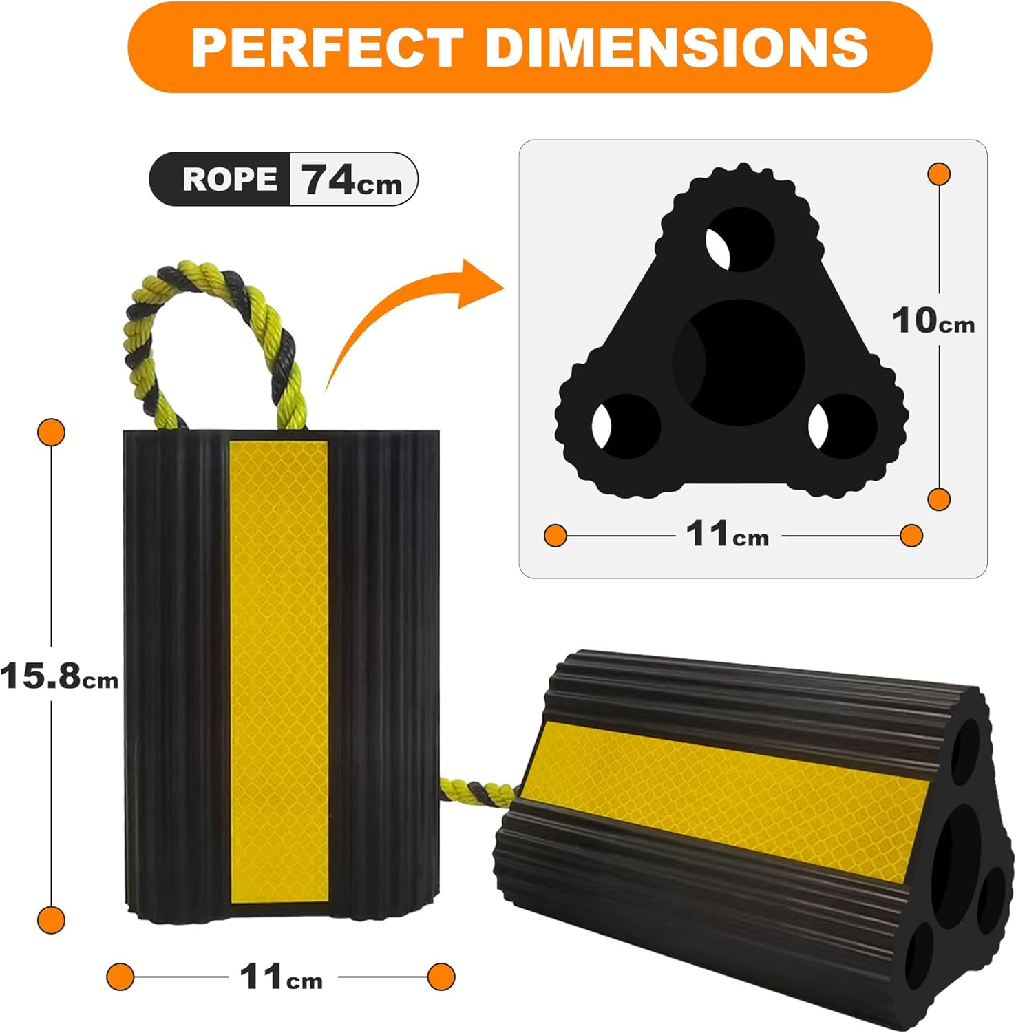 Wheel Chocks [1Pair/2Pack with Rope] for RV Trailer Camper Truck Car, Heavy Duty Rubber Tire Block with Reflective Strips, Non-Slip Base, Camper RV Accessories image number 1