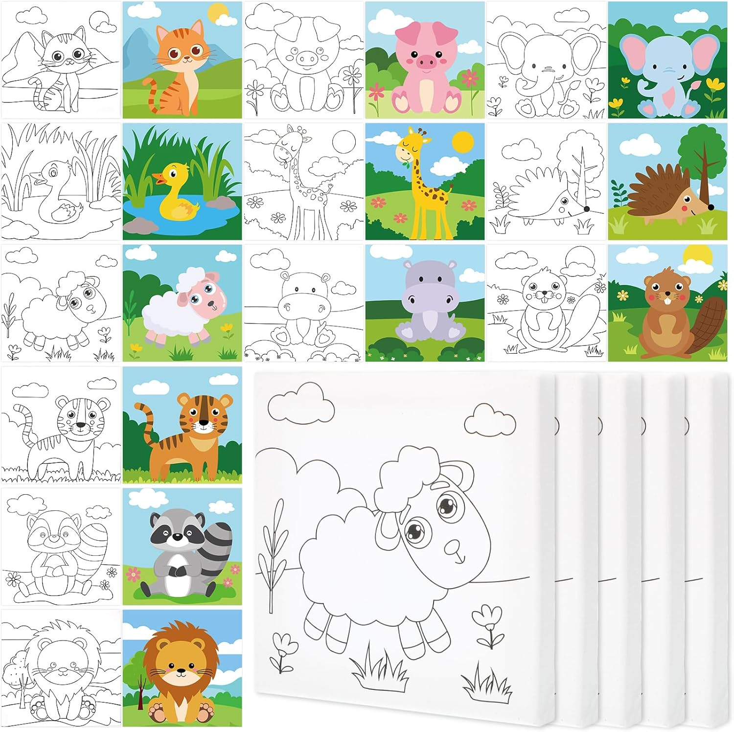 Teling 12 Pcs Pre Drawn Stretched Canvas Kit for Adults Painting Pre Printed Canvas Outline for DIY Painting Party Favor,6 X 6 X 0.6 Inches(Animal) image number 5