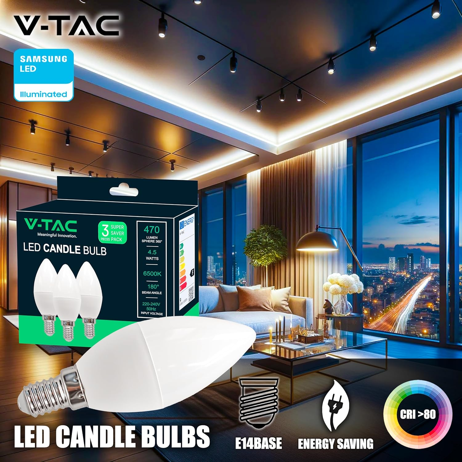 V-TAC Pack of 3 E14 LED Candle Bulbs, 4.5W (Equivalent to 40W) - 470 Lumen - 3000K Warm White - Opening of the Light Beam 180&deg; - Maximum Efficiency and Energy Saving LED Bulb image number 2
