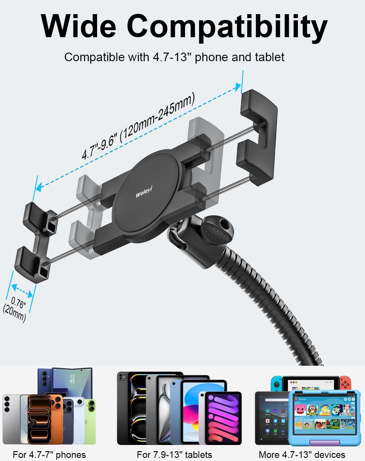 Woleyi Car or Truck Seat Rail Tablet Mount, Heavy Duty Gooseneck Car Floor Tablet Holder Bolt Stand with 20-Inch Aluminum Arm, for Ipad Pro Air Mini, Galaxy Tab, Z Fold, Fire HD, Iphone, 4-13" Devices image number 2