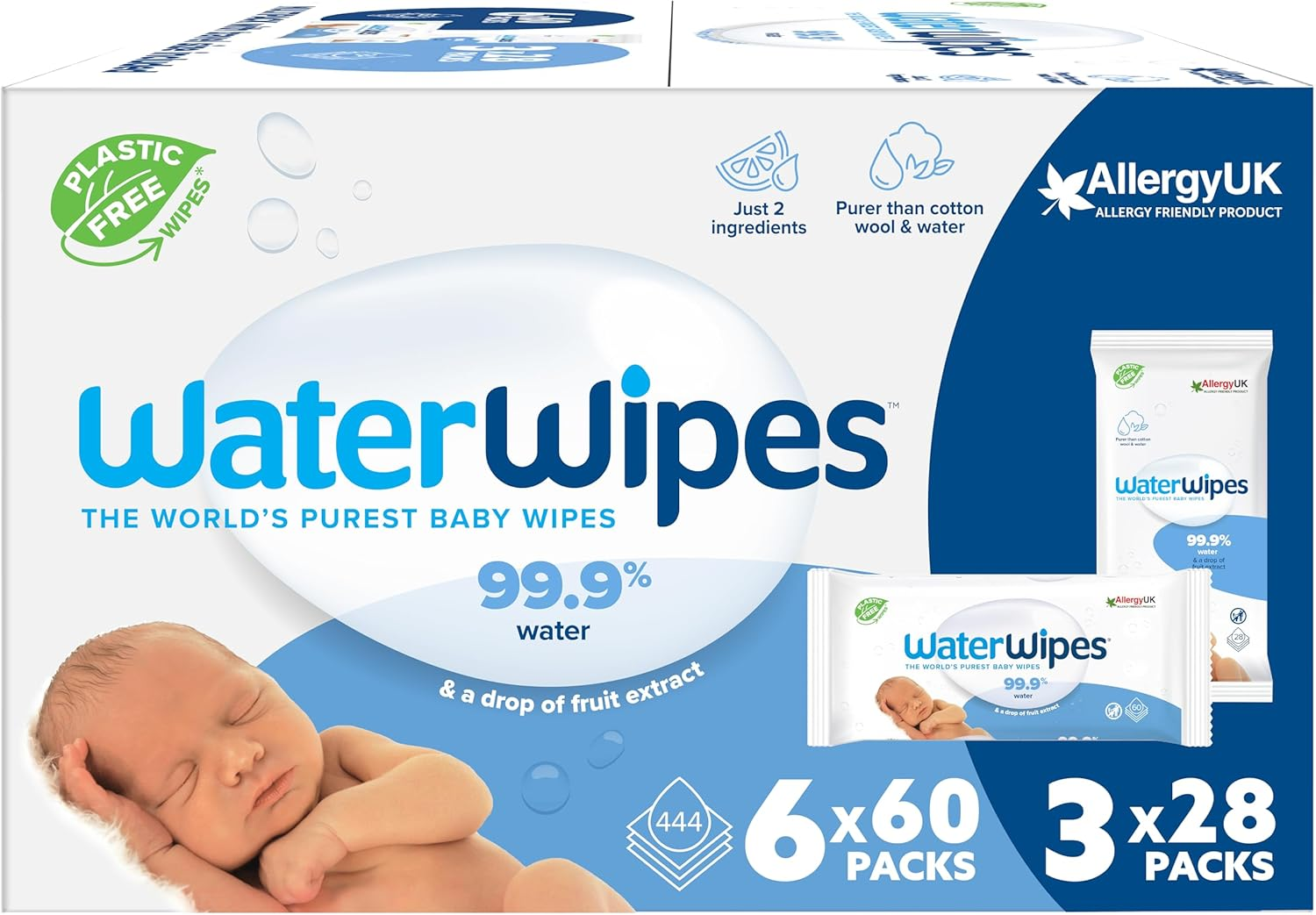 Waterwipes 444 Pack, Mixed Baby Wipes, 99.9% Water Based Wet Wipes, Unscented & Hypoallergenic (6 Packs X 60 Wipes + 3 Packs X 28 Wipes) image number 2