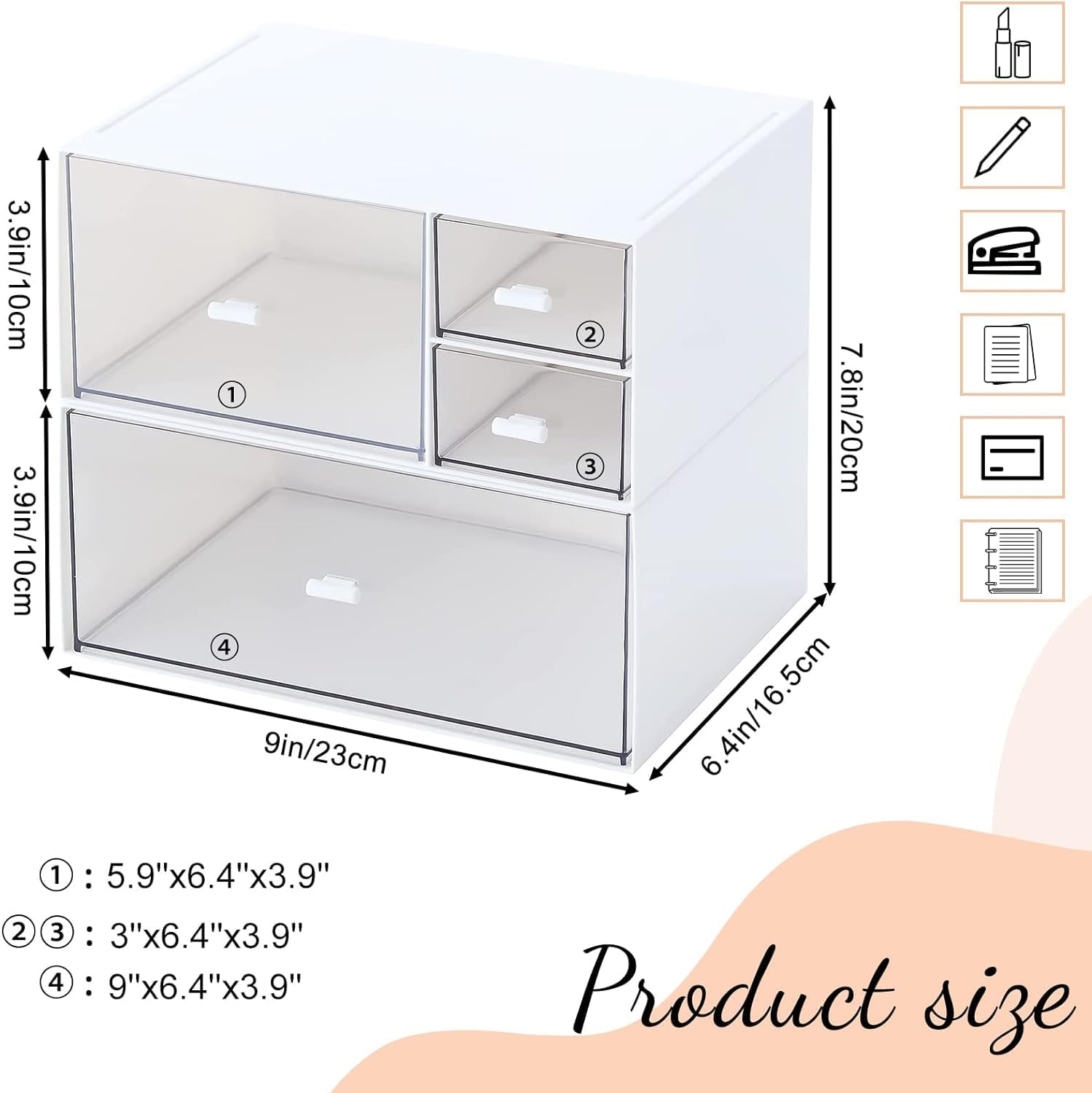 Desk Drawer Organizer, Transparent Makeup Organizer Storage Box with 4 Removable Plastic Drawers, Desk Storage and Accessories for Home Collection Cosmetics Office Bathroom Counter Dressing Table image number 5