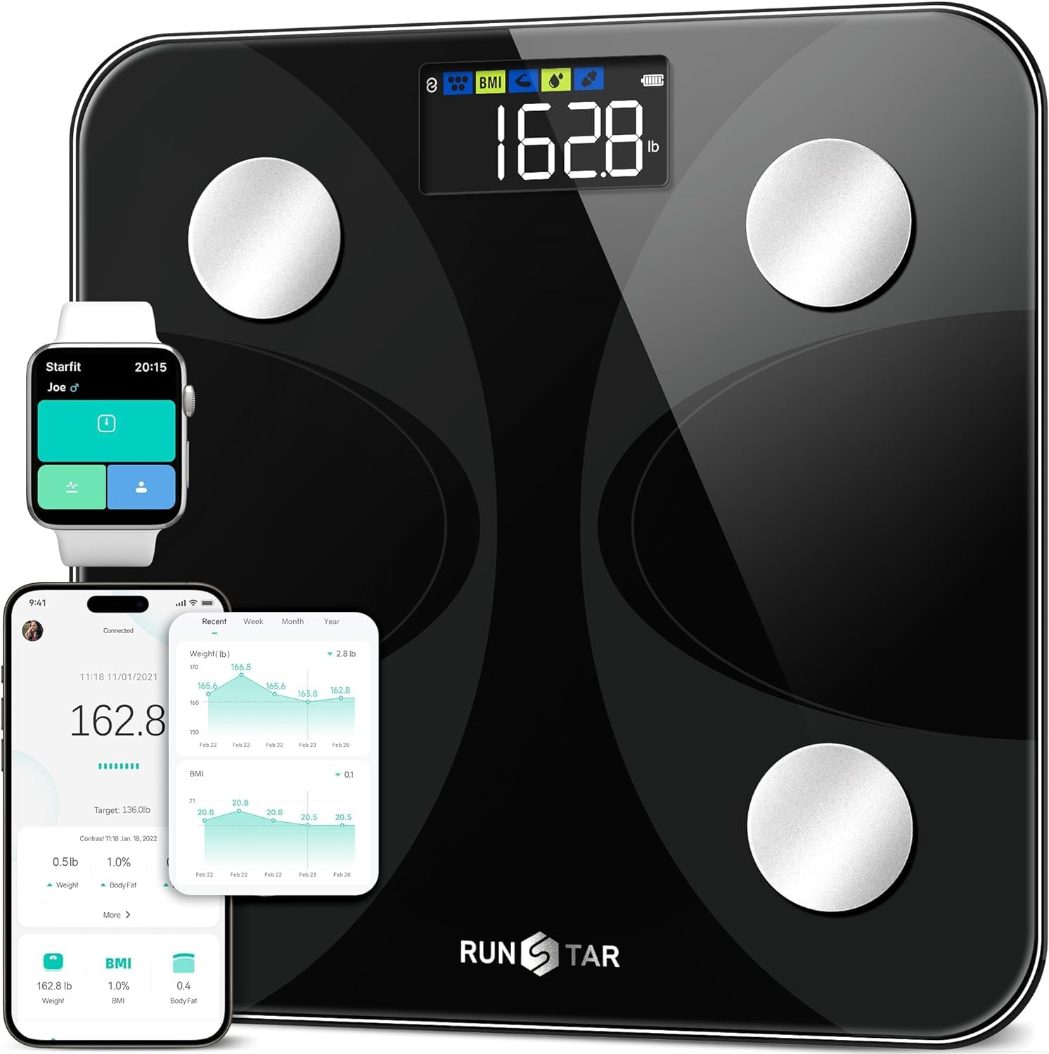 Runstar Scale for Body Weight and Fat Percentage, Ultra-Precision Digital Accurate Bathroom Smart Scale with Large Display,13 Body Composition Analyzer Sync App Weight Scale BMI Health Monitor image number 1