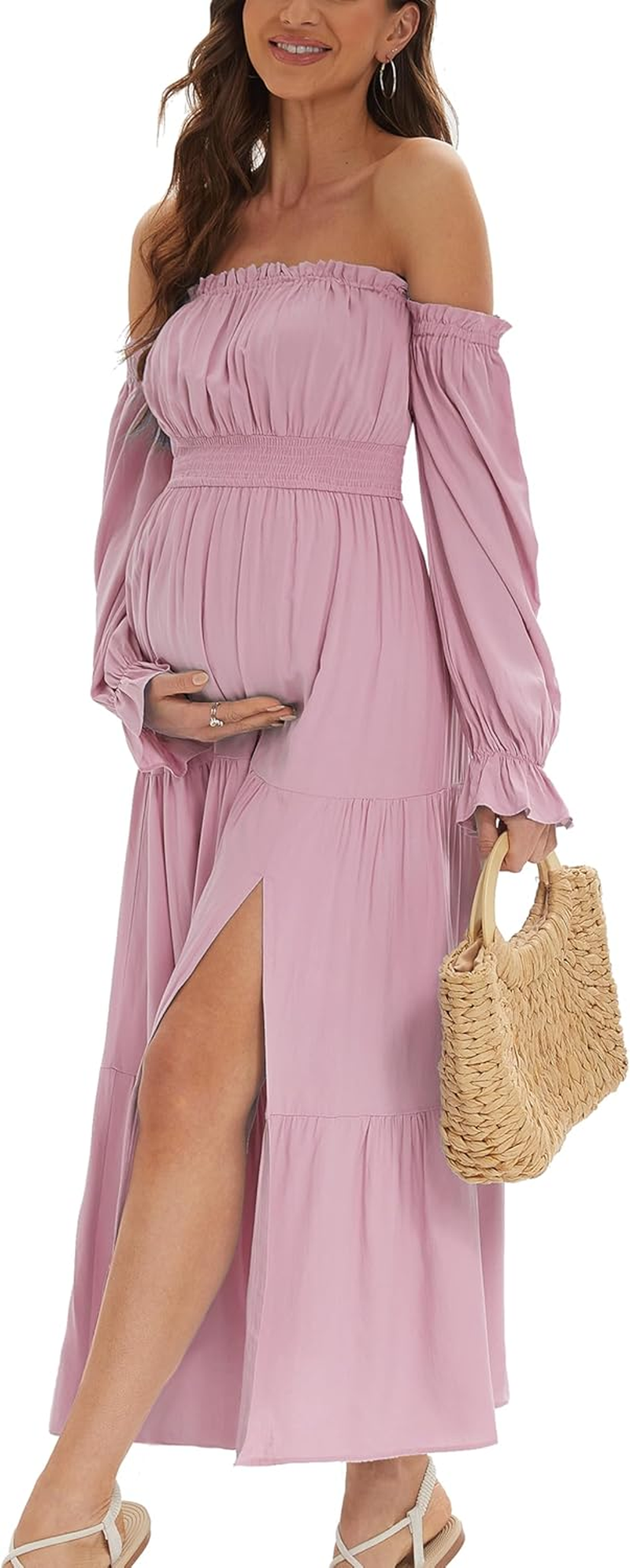 Women'S Boho off Shoulder Maternity Dresses, Long Sleeve Side Split Flowy a Line Tiered Maxi Dress for Baby Shower Photoshoot image number 2