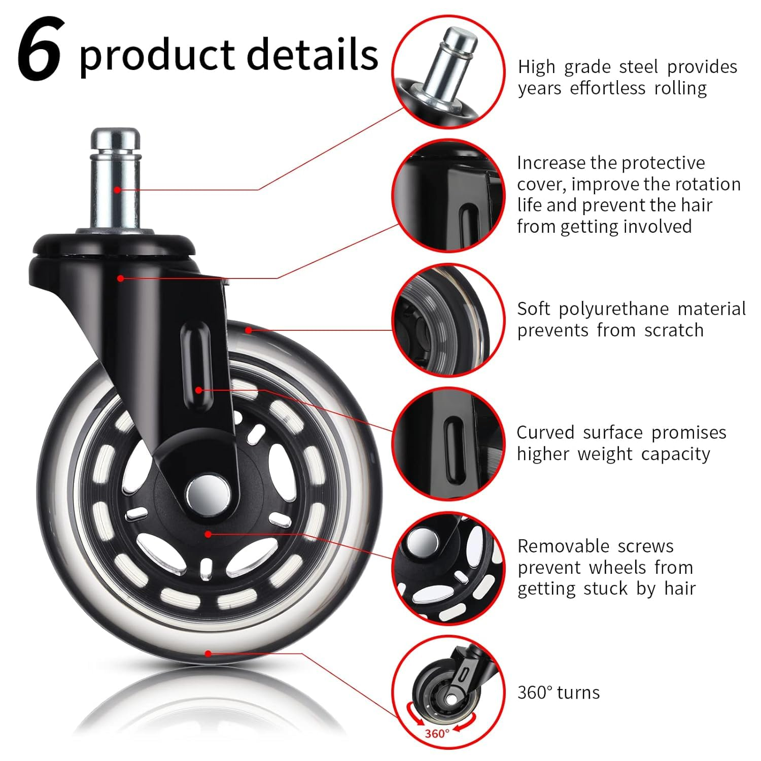 Office Chair Wheels, 3 Inch Desk Roller Blade Caster Replacement for Office, Rubber Rollerblade Wheels-Set of 5 for Hardwood Floors Gaming Chair Wheels Smooth & Silence Gliding(11&times;22 Mm) image number 2