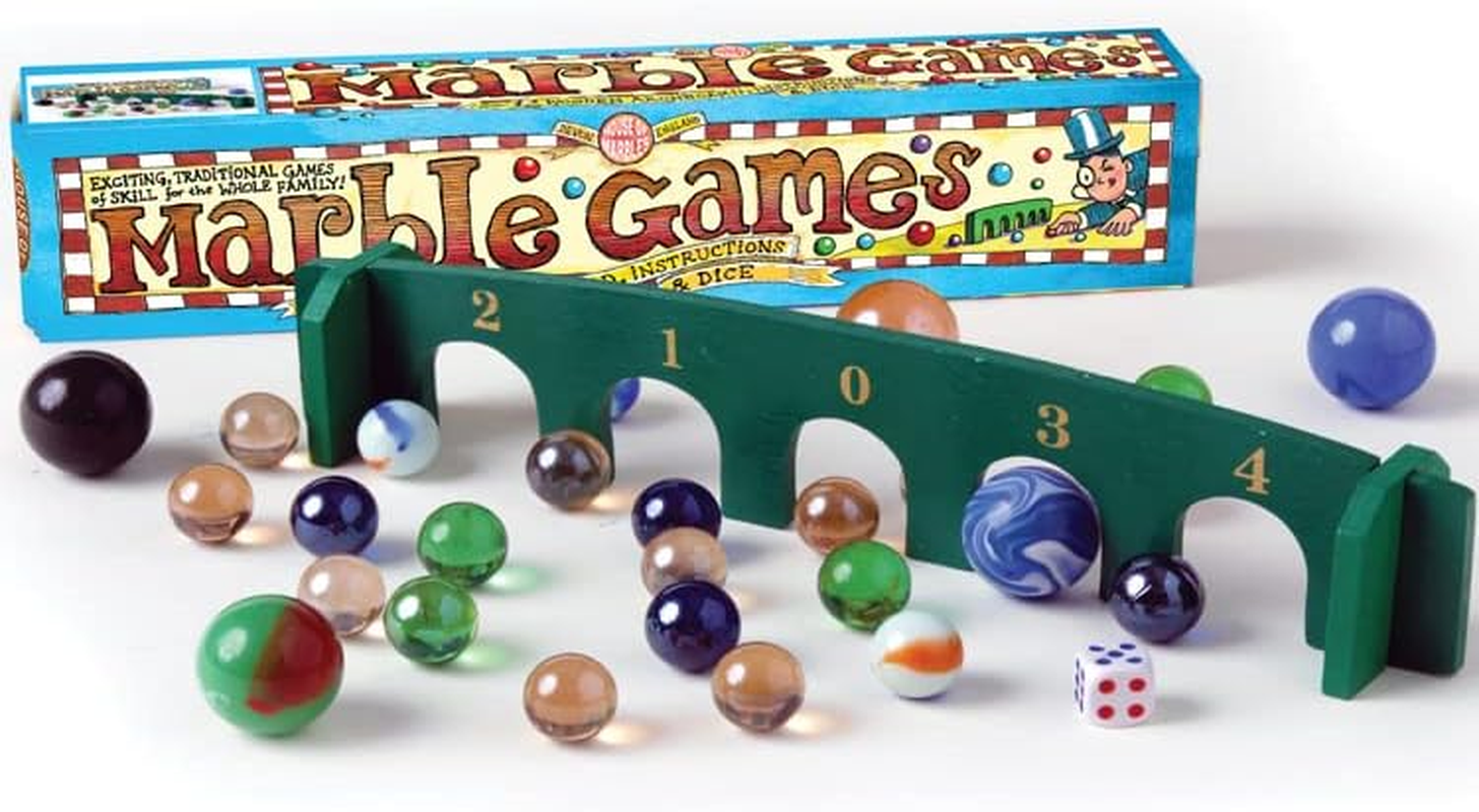House of Marbles Traditional Marble Games with X25 Assorted Marbles, Wooden Arch, Dice and Instructions for Retro Family Educational Learning Play as a Table Game or Classic Pastime