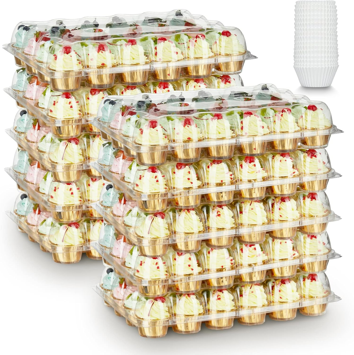 Gencywe (24 Pack X 10 Sets) Stackable Cupcake Carrier Holders with 240 Pack Cupcake Liners, Plastic Cupcake Boxes Holders for 24 Cupcakes, High Tall Dome Lid Cupcake Containers, Clear Disposable Cupcake Trays image number 3