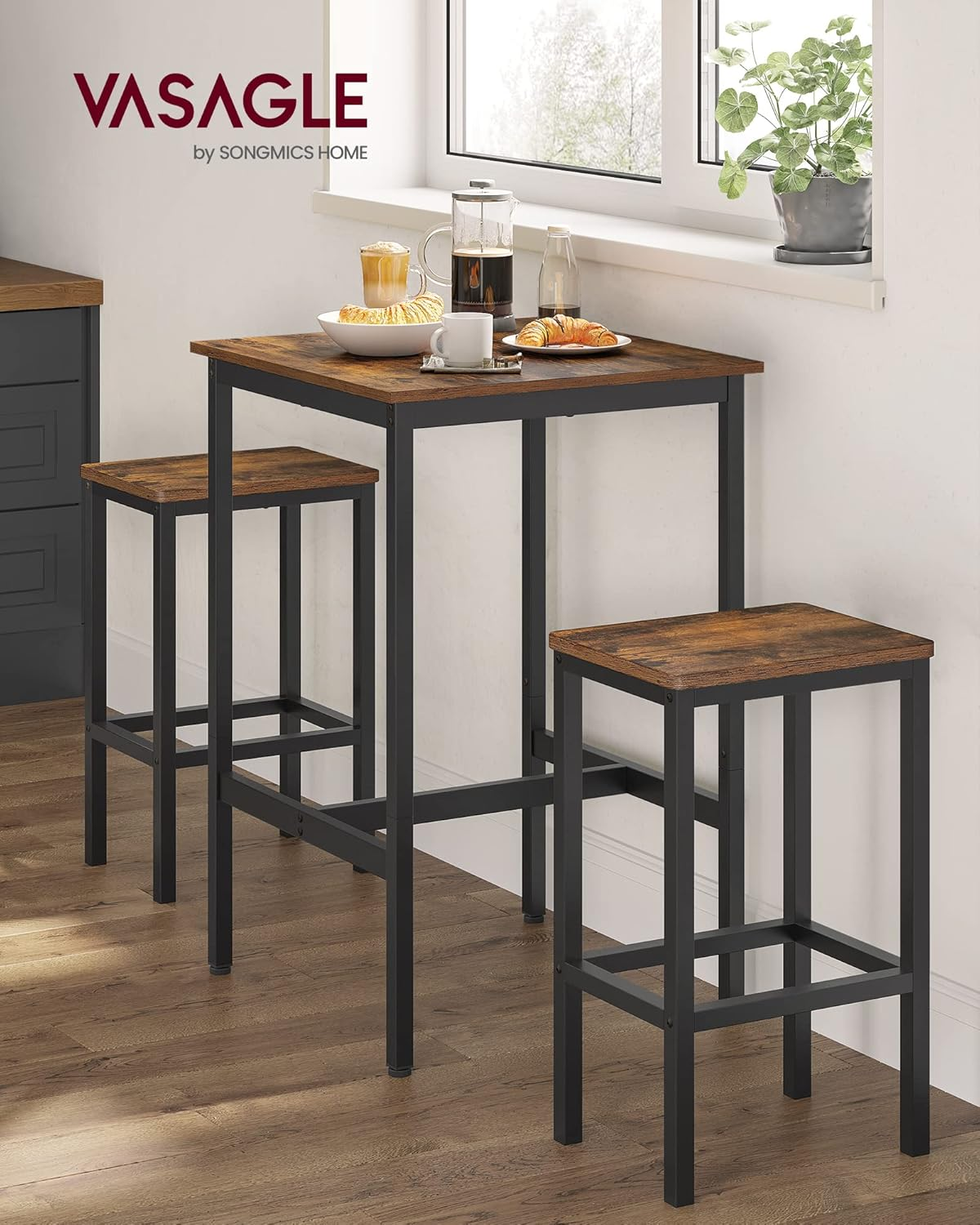 VASAGLE Bar Table and Chairs Set, Square Table with 2 Stools, Dining Pub Set for 2, Space Saving for Kitchen Breakfast, Living Room, Party Room, Rustic Brown and Ink Black image number 1