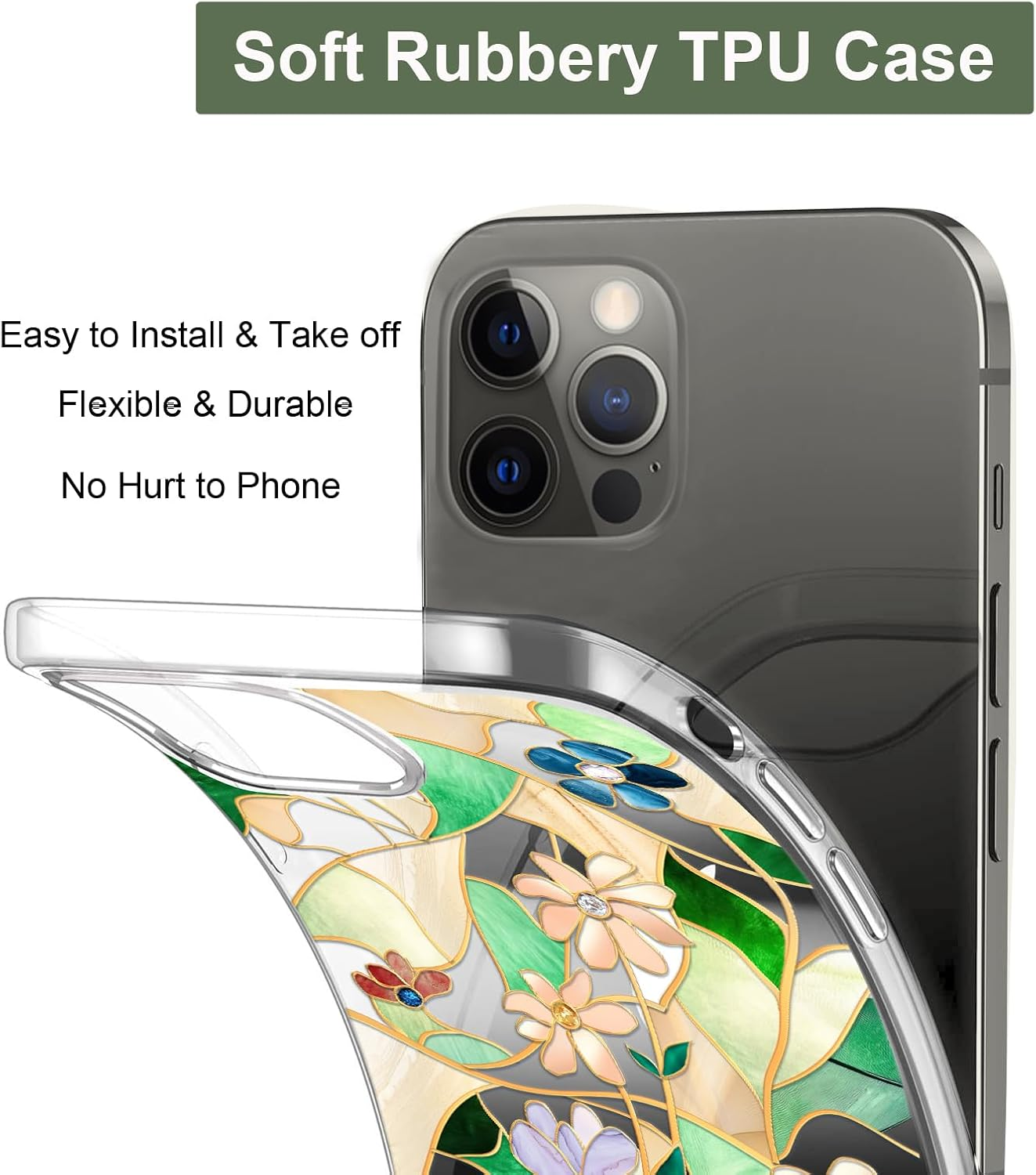 Unov Case Compatible with Iphone 14 Pro Case Clear with Design Embossed Floral Pattern Soft TPU Bumper Slim Protective 6.1 Inch (Stained Glass Flower) image number 2