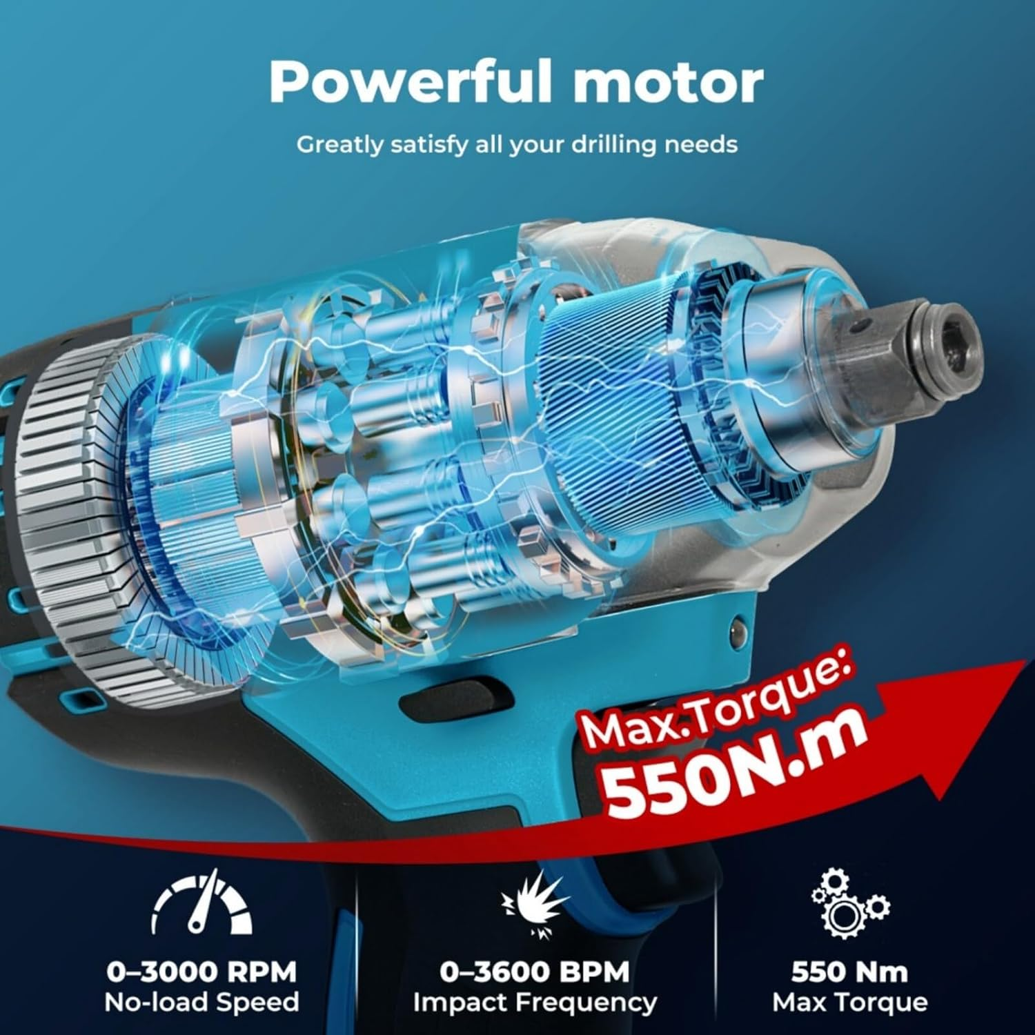 Traderight 21V Cordless Impact Wrench &ndash; 1/2" Hex Chuck,400Nm Torque,3000Rpm Variable Speed Trigger,72-Piece Impact Socket Set&Tool Kit with 2&times;4.0Ah Batteries for Diy,Automotive&Power Tools Projects image number 4