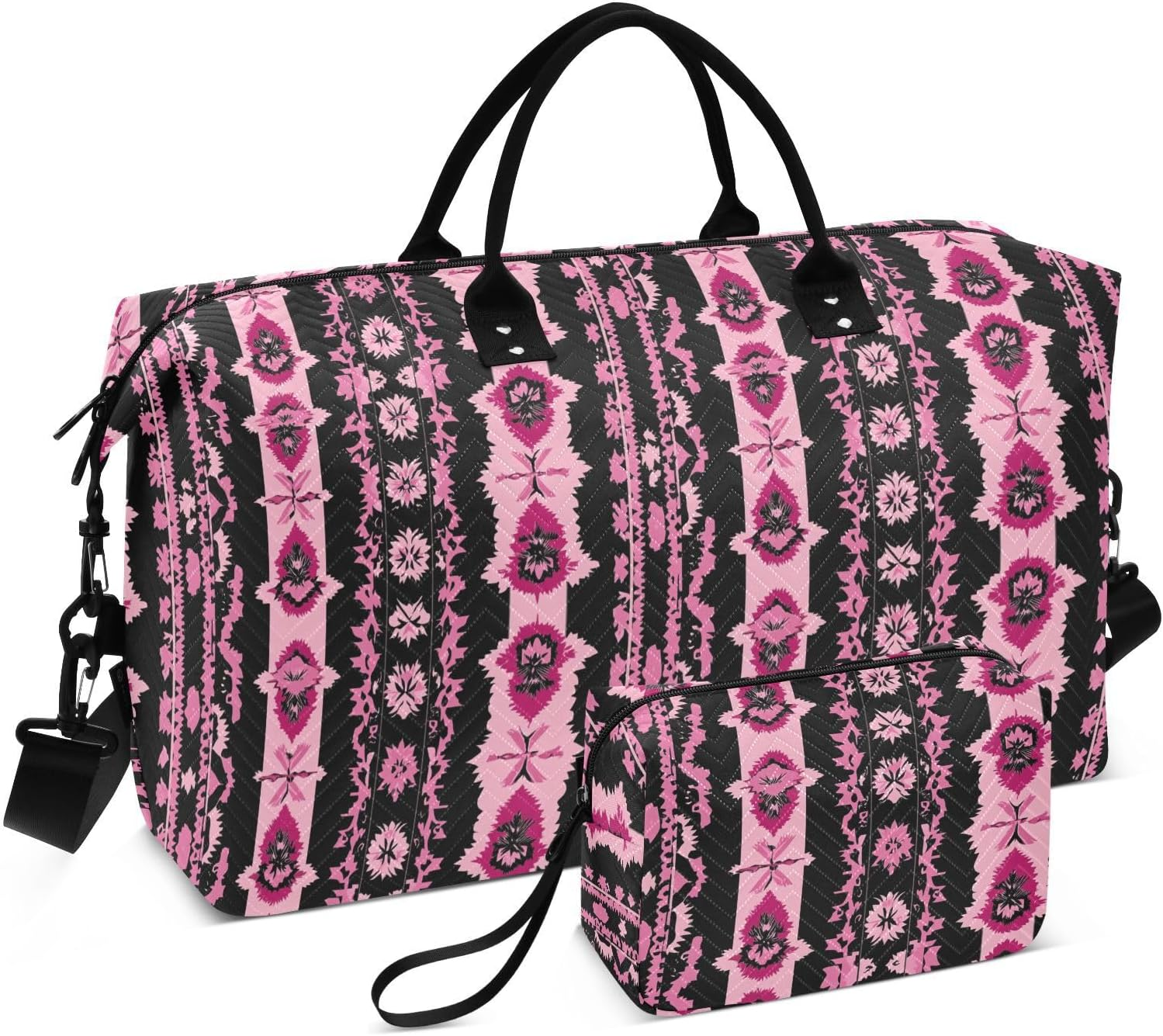 Duffel Bags Travel Weekender Gear Bag Gym Duffel Bag with Adjustable Strap for Trip Foldable, Vintage Boho Style Pattern Black and Pink image number 6
