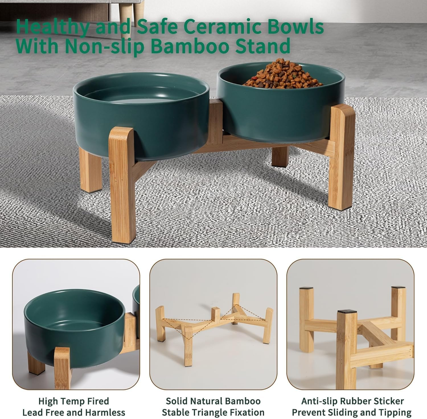 Elevated Ceramic Dog Bowl Set - PRENDIEEN Raised Dog Bowls with Non-Slip Bamboo Stand - Dog Food and Water Bowl- Double Dog Feeding Bowls - Suitable for Small and Medium Dogs - 28 OZ - 850 ML (Green) image number 1
