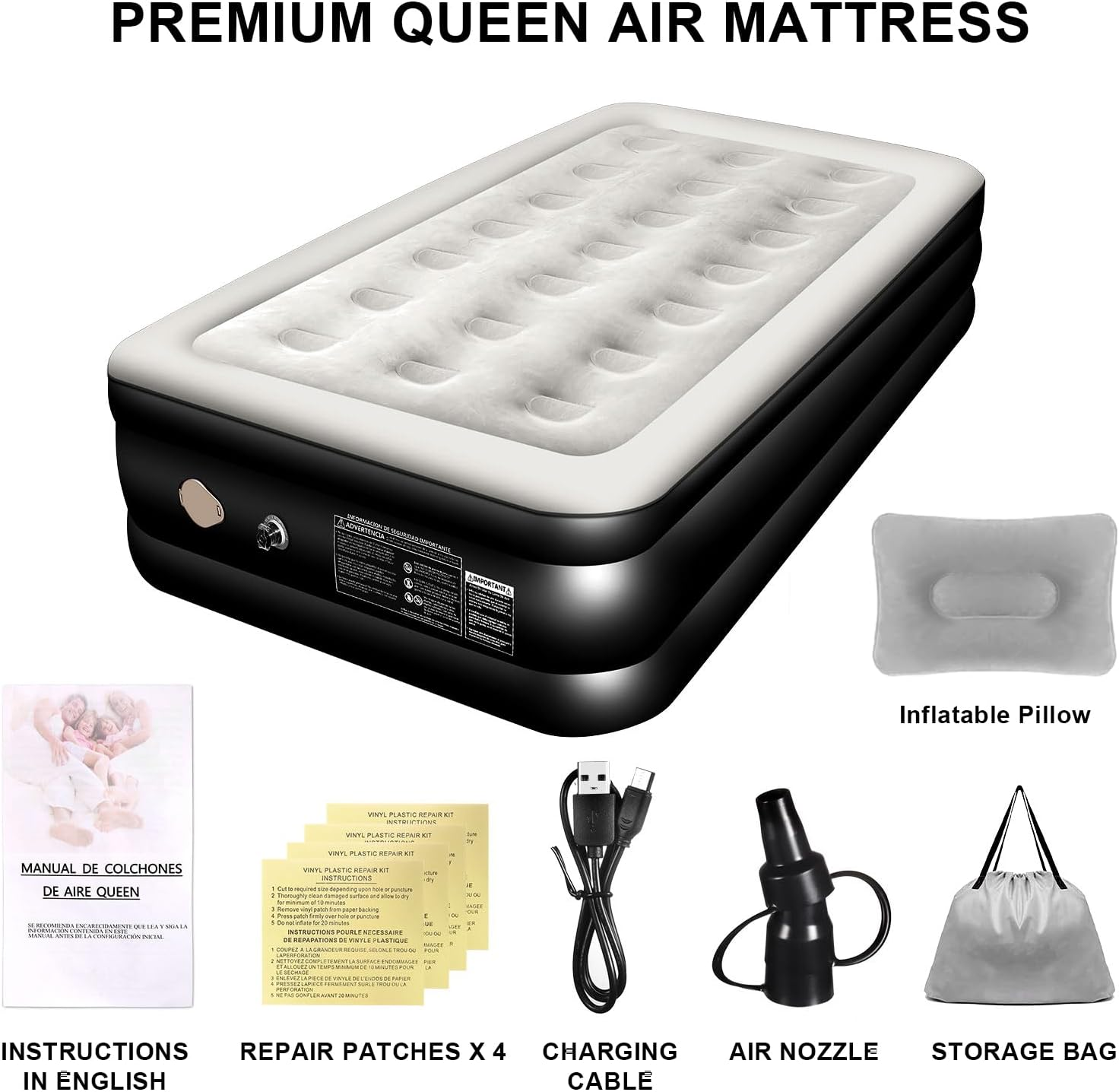 JNNQI Single Size Air Mattress, 1 Inflatable Pillow, Inflatable Airbed with Built-In Rechargeable Electric Air Pump, Airtight Design with Automatic Quick Inflation and Deflation, 191X100X46Cm