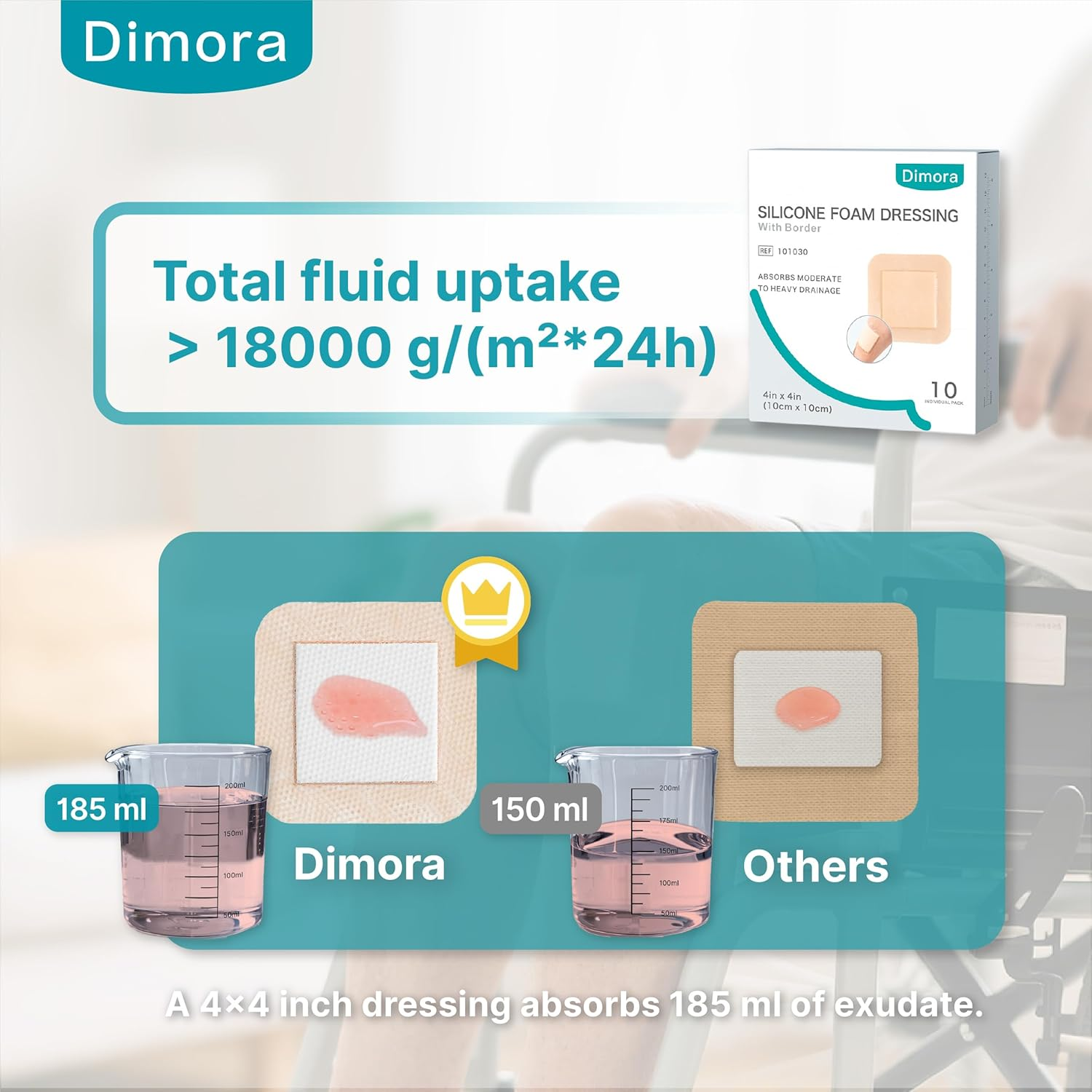 Dimora Silicone Foam Dressing with Border Adhesive 4"X4" Waterproof Wound Dressing Bandage for Wound Care 10 Pack image number 6