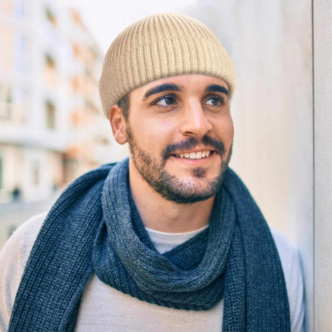 Wool Short Fisherman Beanie for Men Women, Knit Cuff Trawler Beanie Caps Winter Warm Hats - Beige image number 2